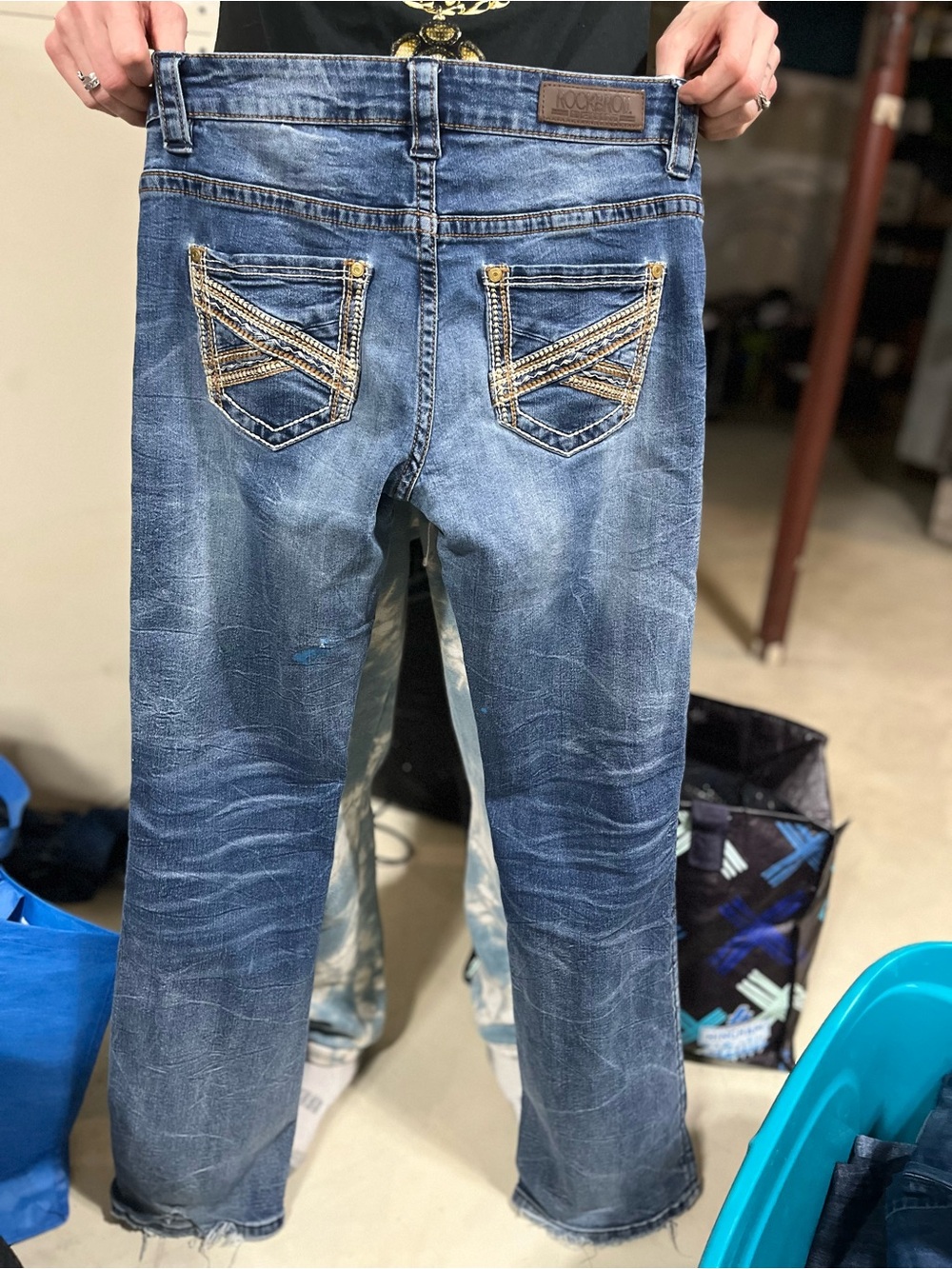 Rock & Roll Cowgirl Distressed Blue Embellished Back-Pocket Flare Jeans
